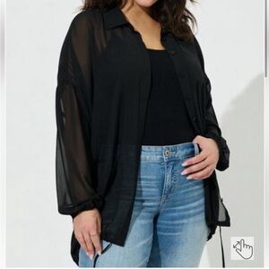 Torrid Kimono Long Sleeve Black Sheer Button Down Cover Up - XL